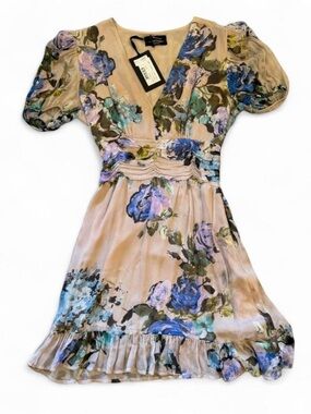 Blumarine Made in Italy Floral V-Neck Midi Dress with Blue and Purple Blooms